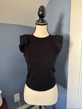 Blue Rain Black Ribbed Tank with Ruffle Cap Sleeves